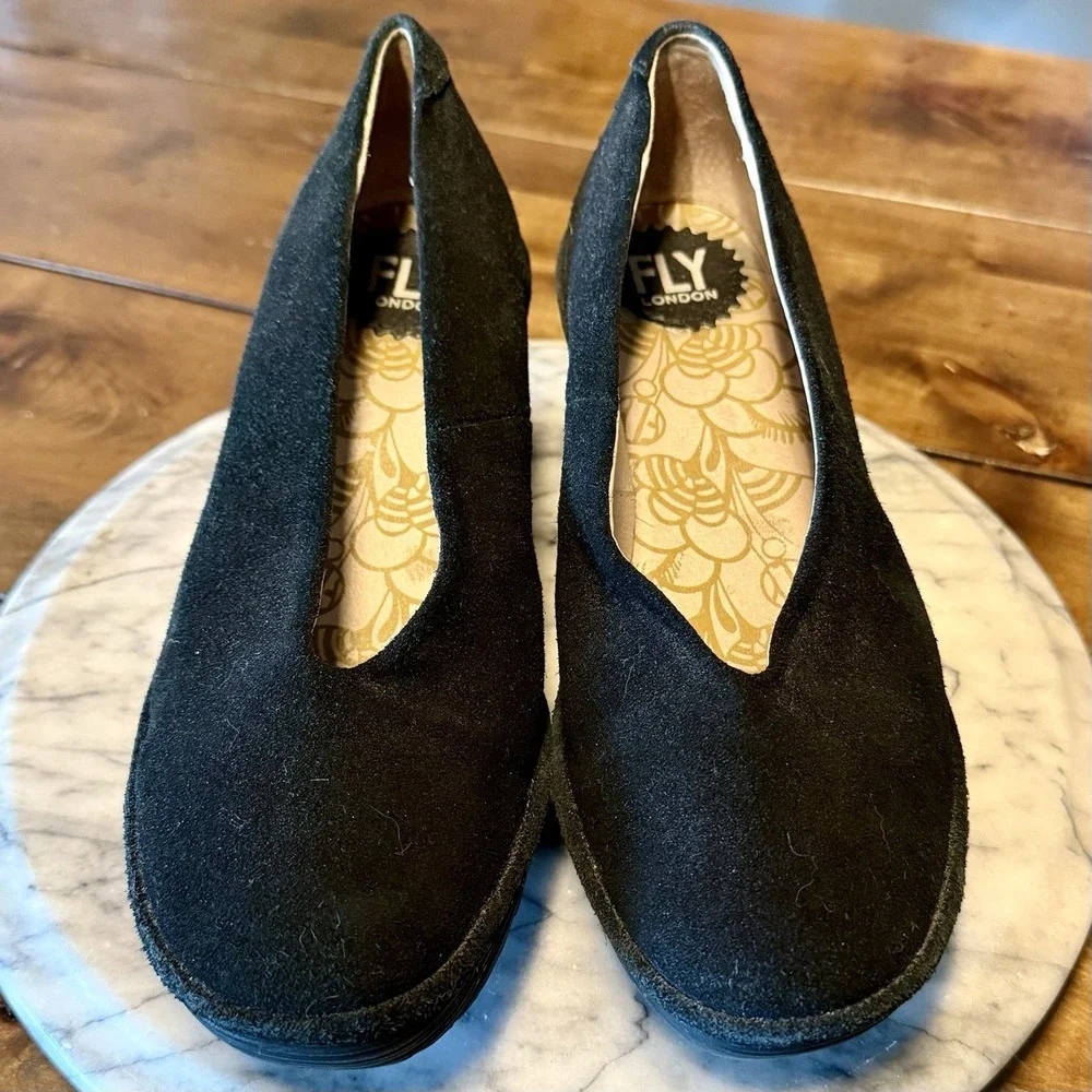 Fly London Women Sz 8 EU 38 Yaz Suede Wedge Slip On Black Platform‎ Shoes